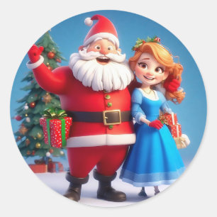 Santa Claus and Snow Maiden Celebrating Christmas Classic Round Sticker