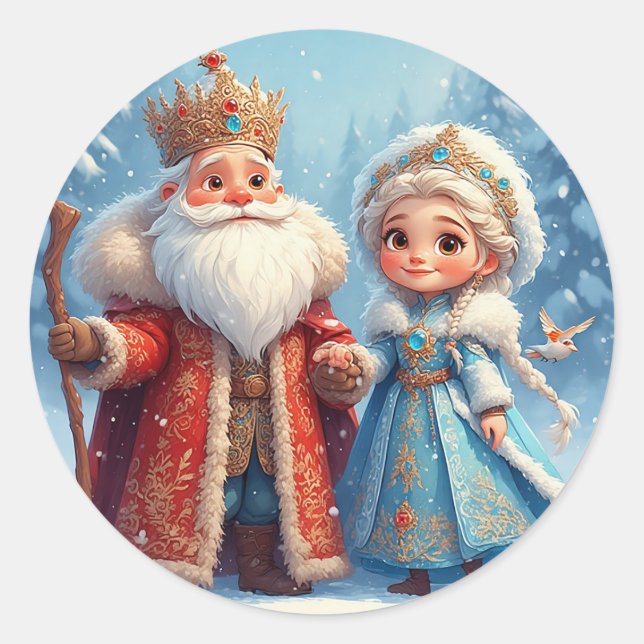 Santa Claus and Snow Maiden Celebrating Christmas Classic Round Sticker (Front)