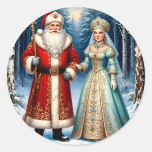 Santa Claus and Snow Maiden Celebrating Christmas Classic Round Sticker