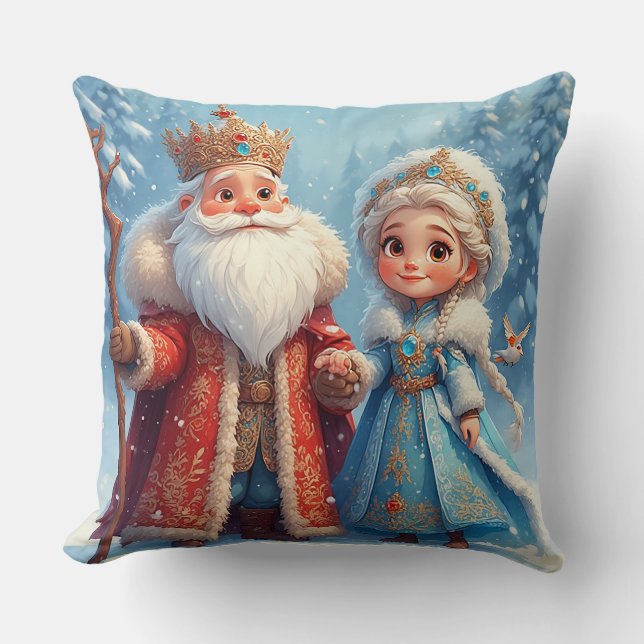 Santa Claus and Snow Maiden Celebrating Christmas Cushion (Front)