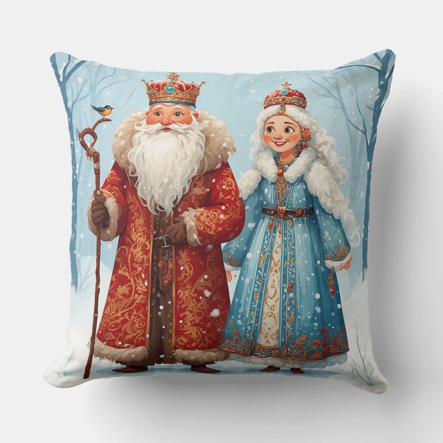 Santa Claus and Snow Maiden Celebrating Christmas Cushion (Front)