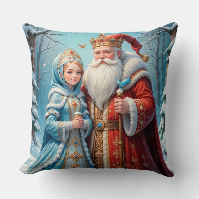 Santa Claus and Snow Maiden Celebrating Christmas Cushion (Front)