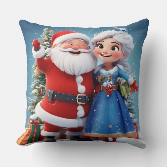Santa Claus and Snow Maiden Celebrating Christmas Cushion (Front)