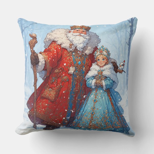 Santa Claus and Snow Maiden Celebrating Christmas Cushion (Front)