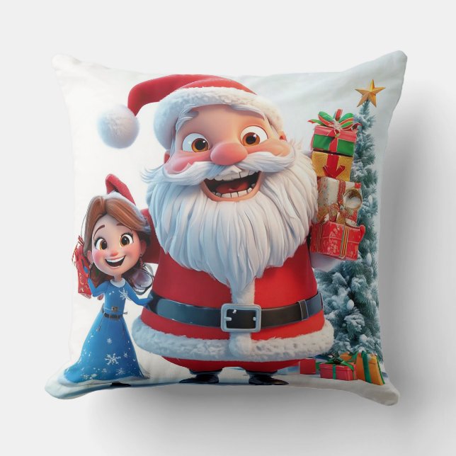 Santa Claus and Snow Maiden Celebrating Christmas Cushion (Front)