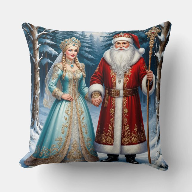 Santa Claus and Snow Maiden Celebrating Christmas Cushion (Front)