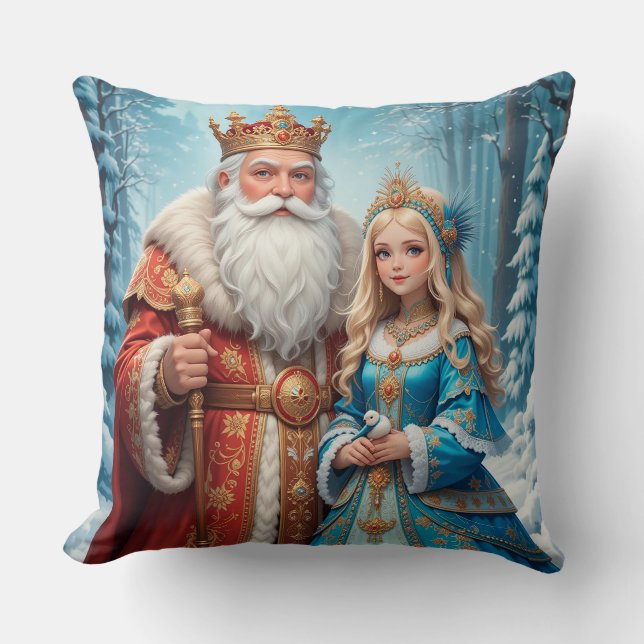 Santa Claus and Snow Maiden Celebrating Christmas Cushion (Front)