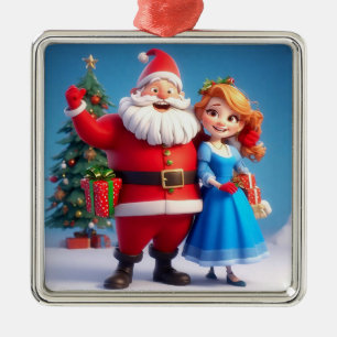 Santa Claus and Snow Maiden Celebrating Christmas Metal Tree Decoration