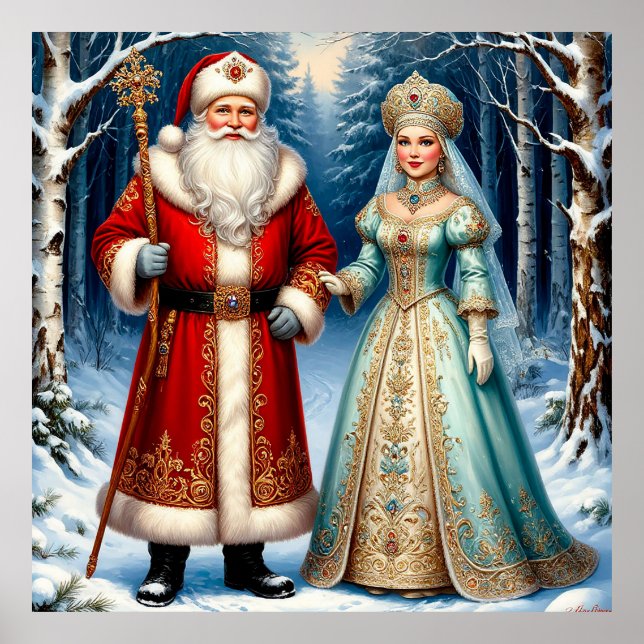Santa Claus and Snow Maiden Celebrating Christmas Poster (Front)