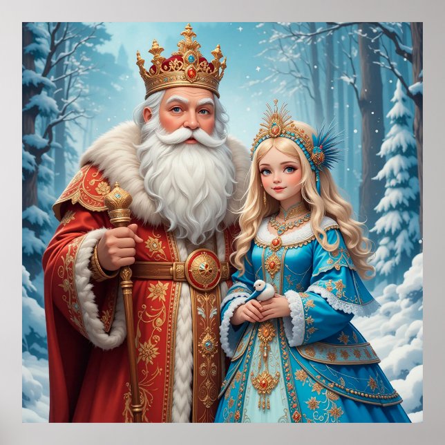 Santa Claus and Snow Maiden Celebrating Christmas Poster (Front)