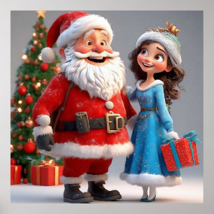 Santa Claus and Snow Maiden Celebrating Christmas Poster
