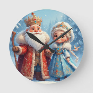 Santa Claus and Snow Maiden Celebrating Christmas Round Clock