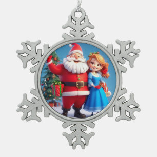 Santa Claus and Snow Maiden Celebrating Christmas Snowflake Pewter Christmas Ornament