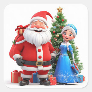 Santa Claus and Snow Maiden Celebrating Christmas Square Sticker
