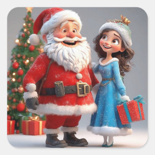 Santa Claus and Snow Maiden Celebrating Christmas Square Sticker