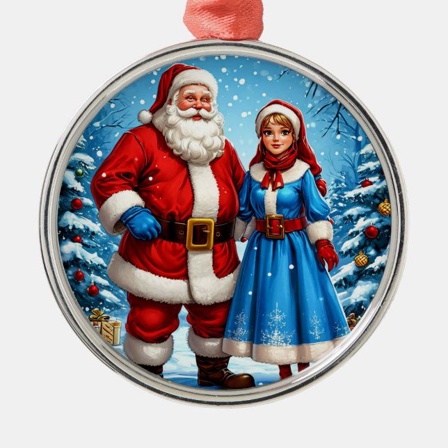 Santa Claus and Snow Maiden Metal Tree Decoration (Front)