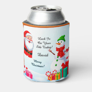 Santa Claus and Snowman Celebrate Christmas Can Cooler