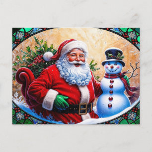 Santa Claus and Snowman Christmas Stained Glass  Holiday Postcard