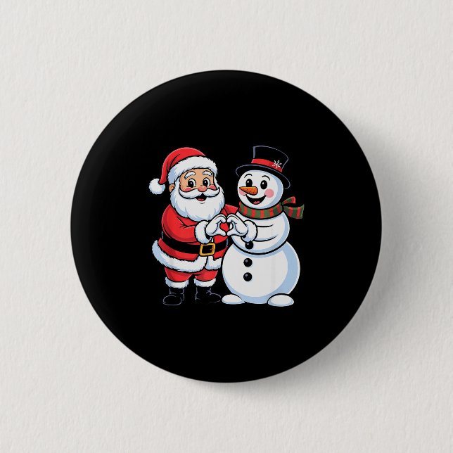 Santa Claus And Snowman Heart Hand Sign Christmas  6 Cm Round Badge (Front)