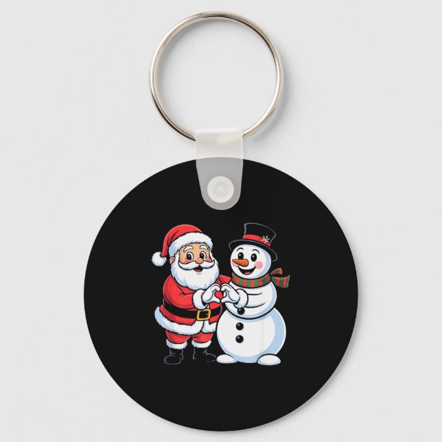 Santa Claus And Snowman Heart Hand Sign Christmas  Key Ring (Front)