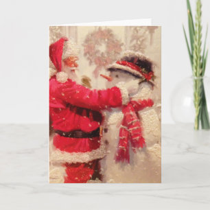 Santa claus and snowman in snowfall card