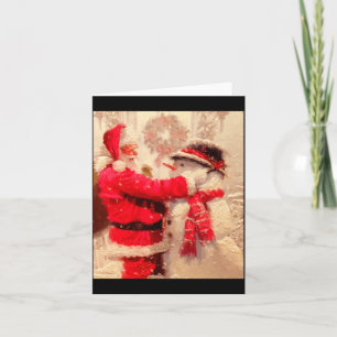 Santa Claus And Snowman In Snowfall Card