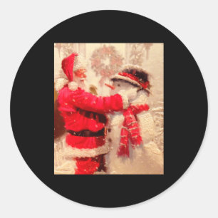 Santa Claus And Snowman In Snowfall  Classic Round Sticker