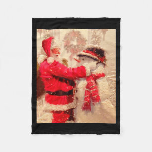 Santa Claus And Snowman In Snowfall  Fleece Blanket