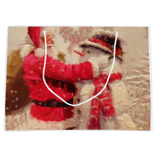 Santa claus and snowman in snowfall large gift bag