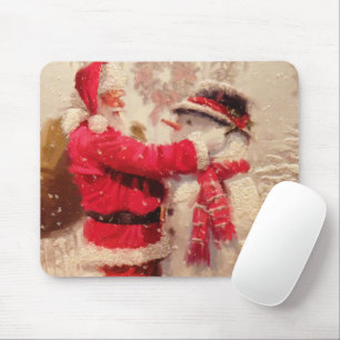 Santa claus and snowman in snowfall mouse mat