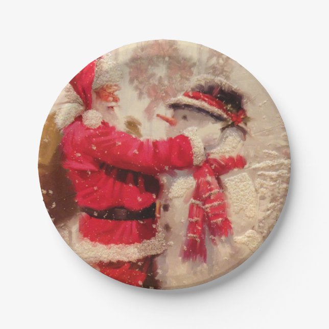 Santa claus and snowman in snowfall paper plate (Front)