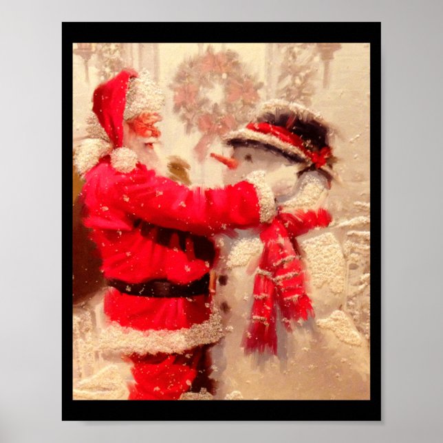 Santa Claus And Snowman In Snowfall  Poster (Front)