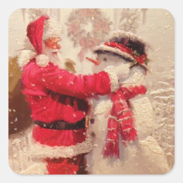 Santa claus and snowman in snowfall square sticker (Front)