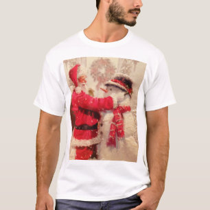 Santa claus and snowman in snowfall T-Shirt