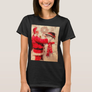 Santa Claus And Snowman In Snowfall T-Shirt