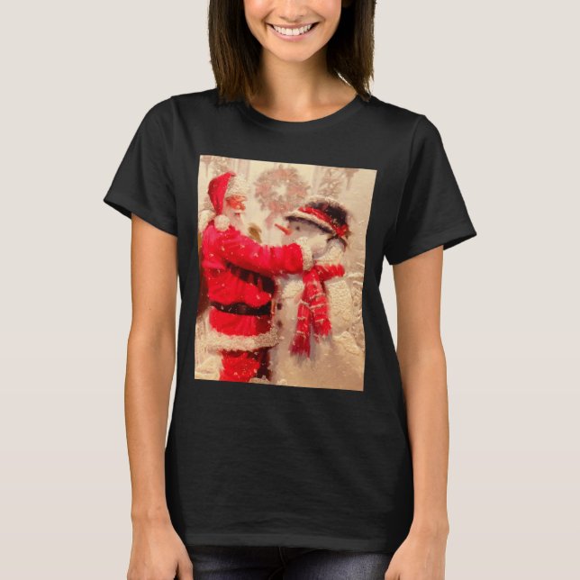 Santa Claus And Snowman In Snowfall  T-Shirt (Front)