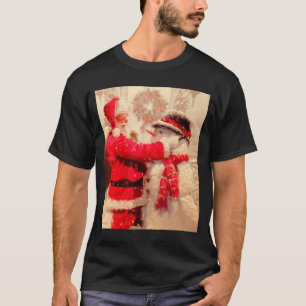 Santa Claus And Snowman In Snowfall  T-Shirt