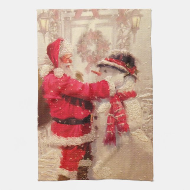 Santa claus and snowman in snowfall tea towel (Vertical)
