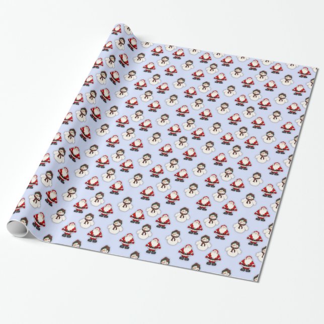 Santa Claus and Snowman Wrapping Paper (Blue) (Unrolled)