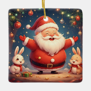 Santa Claus and Two Cheerful Rabbits Ceramic Ornament