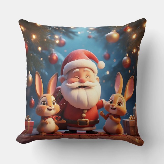 Santa Claus and Two Cheerful Rabbits Cushion (Front)