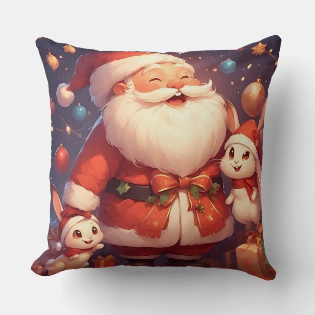 Santa Claus and Two Cheerful Rabbits Cushion (Front)