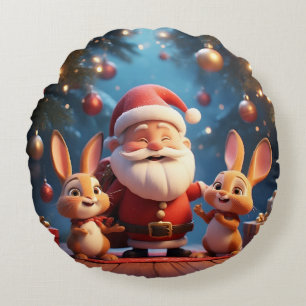 Santa Claus and Two Cheerful Rabbits Round Cushion