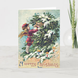 Santa Claus Angel Cherub Mistletoe Holiday Card