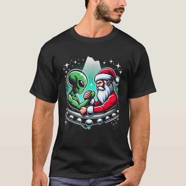 Santa Claus Arm Wrestling Alien UFO Christmas  T-Shirt (Front)