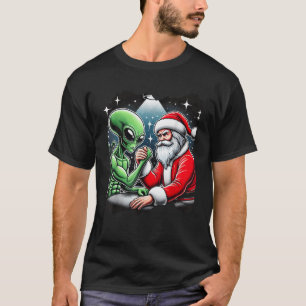 Santa Claus Arm Wrestling Alien UFO Christmas  T-Shirt
