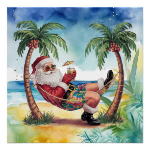 Santa Claus at Beach for Christmas in July Poster