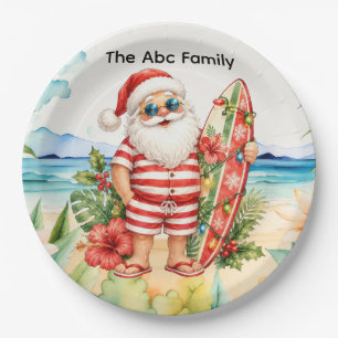 SANTA CLAUS at Hawaii Beach for Christmas Paper Plate