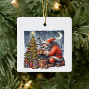 Santa Claus at Night with Tree & Gifts Customised Ceramic Ornament
