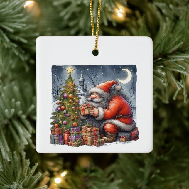 Santa Claus at Night with Tree & Gifts Customised Ceramic Ornament (Tree)